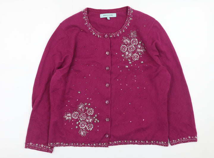 Dickins & Jones Women’s Purple Beaded Floral Cardigan L Cotton Cashmere