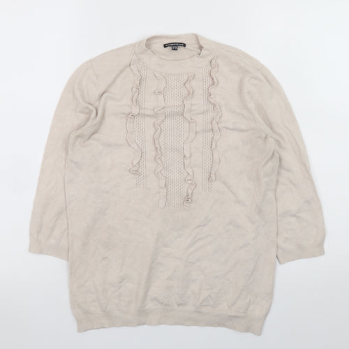 Warehouse Women Beige High Neck Ruffle Knit Jumper Size M