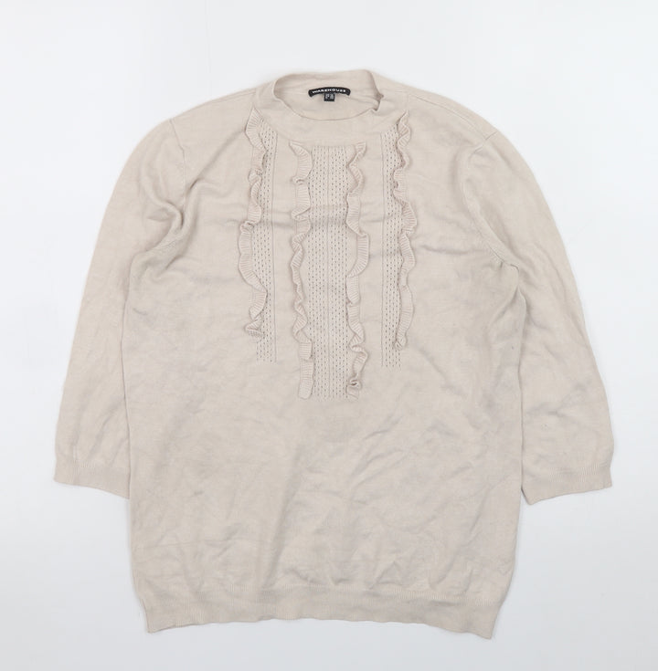Warehouse Women Beige High Neck Ruffle Knit Jumper Size M