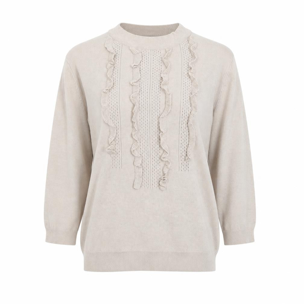 Front view of Warehouse Women Beige High Neck Ruffle Knit Jumper, size M