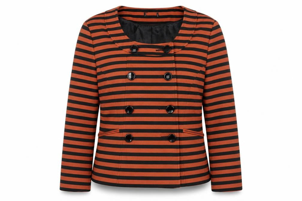 Front view of M&Co Women’s Orange Black Striped Short Pea Jacket, size UK 14