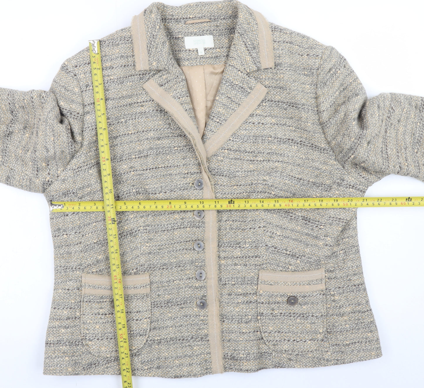 Marks and Spencer Women Beige Tweed Cardigan Jacket UK 20 Classic Fit