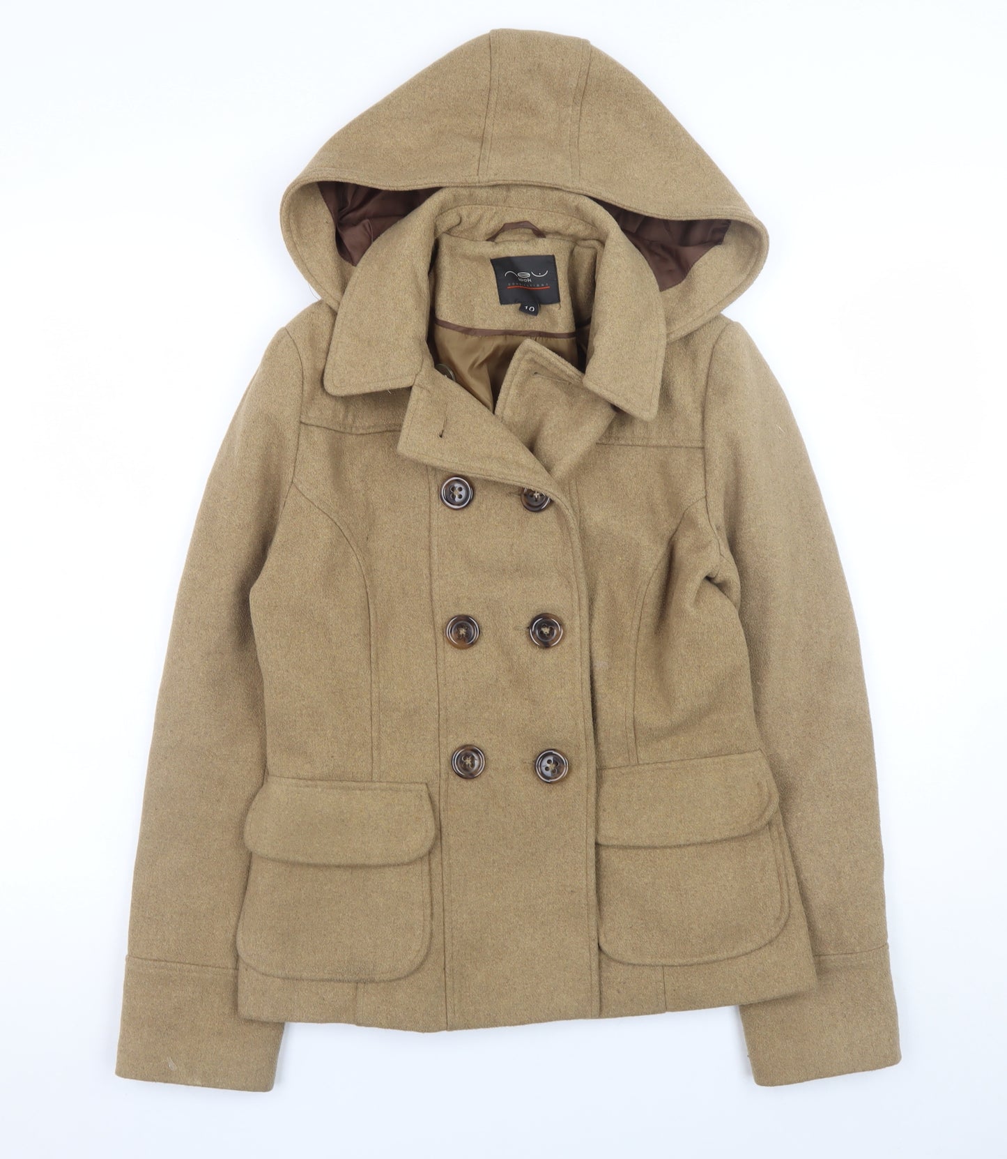 New Look Women's Beige Wool Blend Hooded Pea Coat Size 10