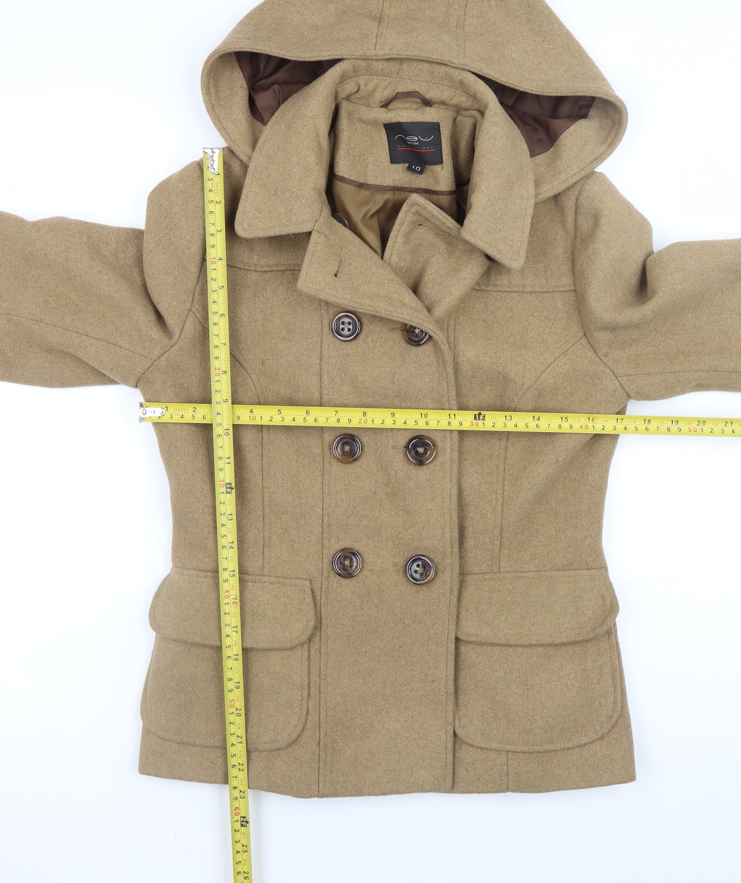 New Look Women's Beige Wool Blend Hooded Pea Coat Size 10
