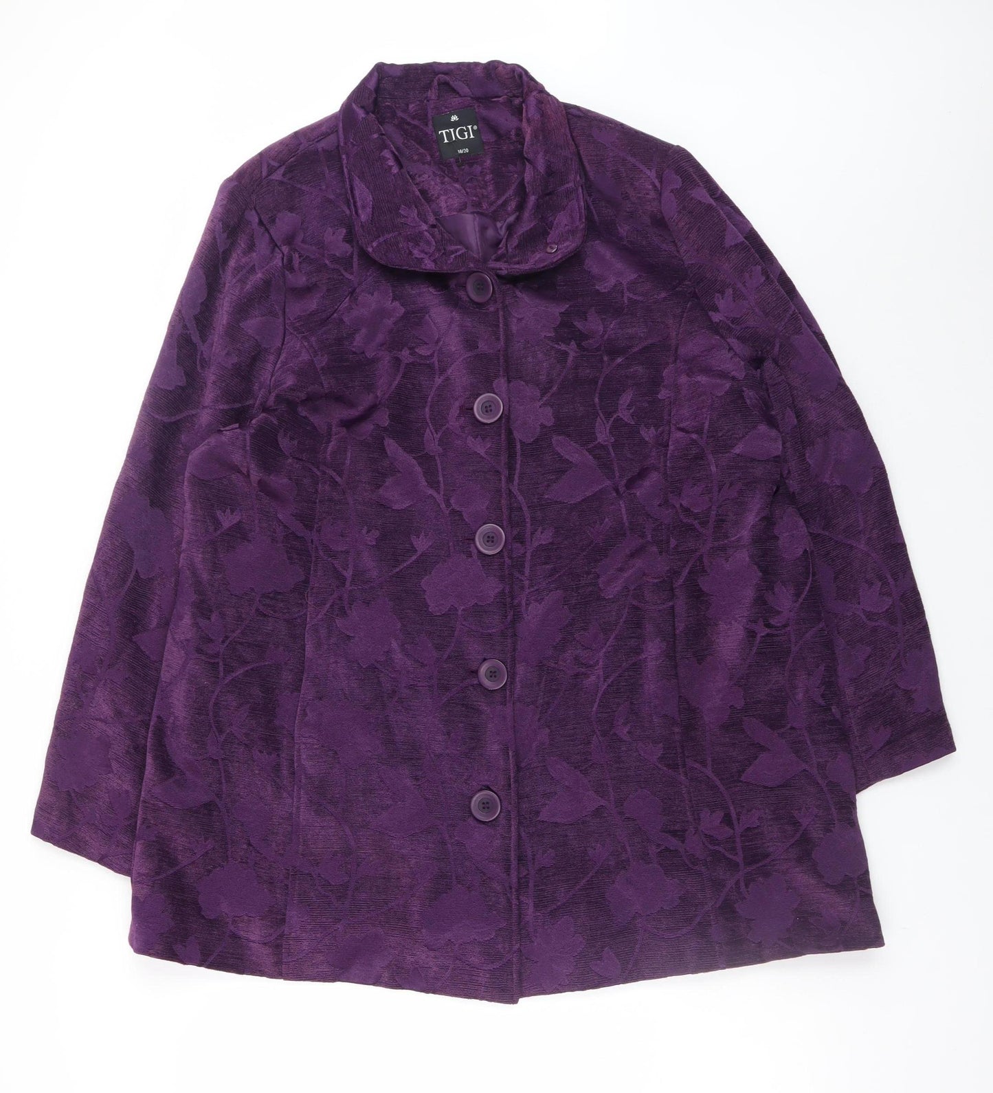 TIGI Womens Purple Floral Mid-Length Button Jacket Size 18