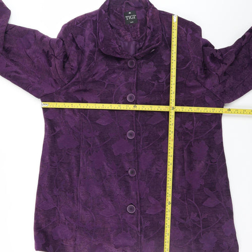 TIGI Womens Purple Floral Mid-Length Button Jacket Size 18