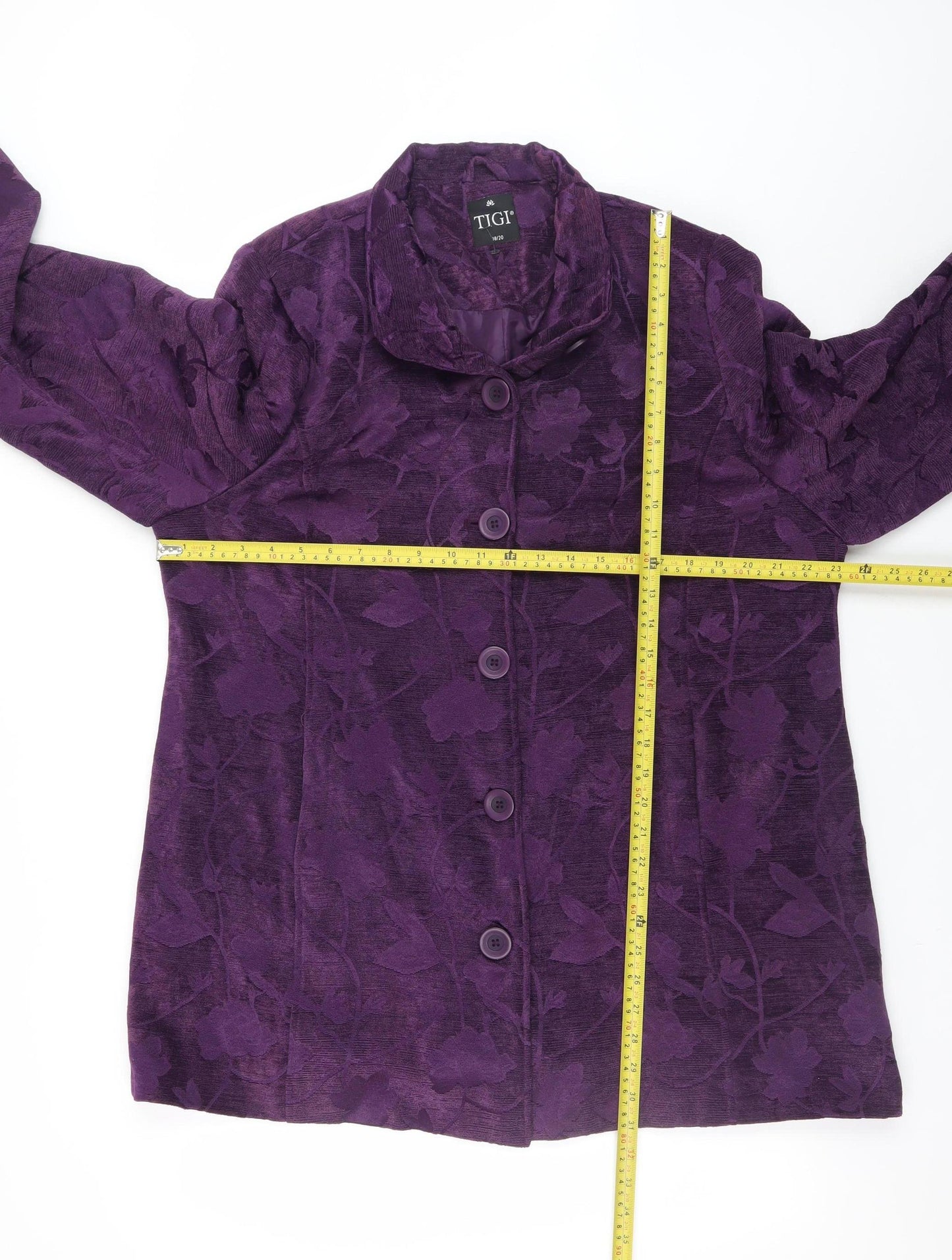 TIGI Womens Purple Floral Mid-Length Button Jacket Size 18