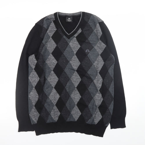 Karaca Mens Grey Argyle V-Neck Wool Blend Slim Fit Jumper L