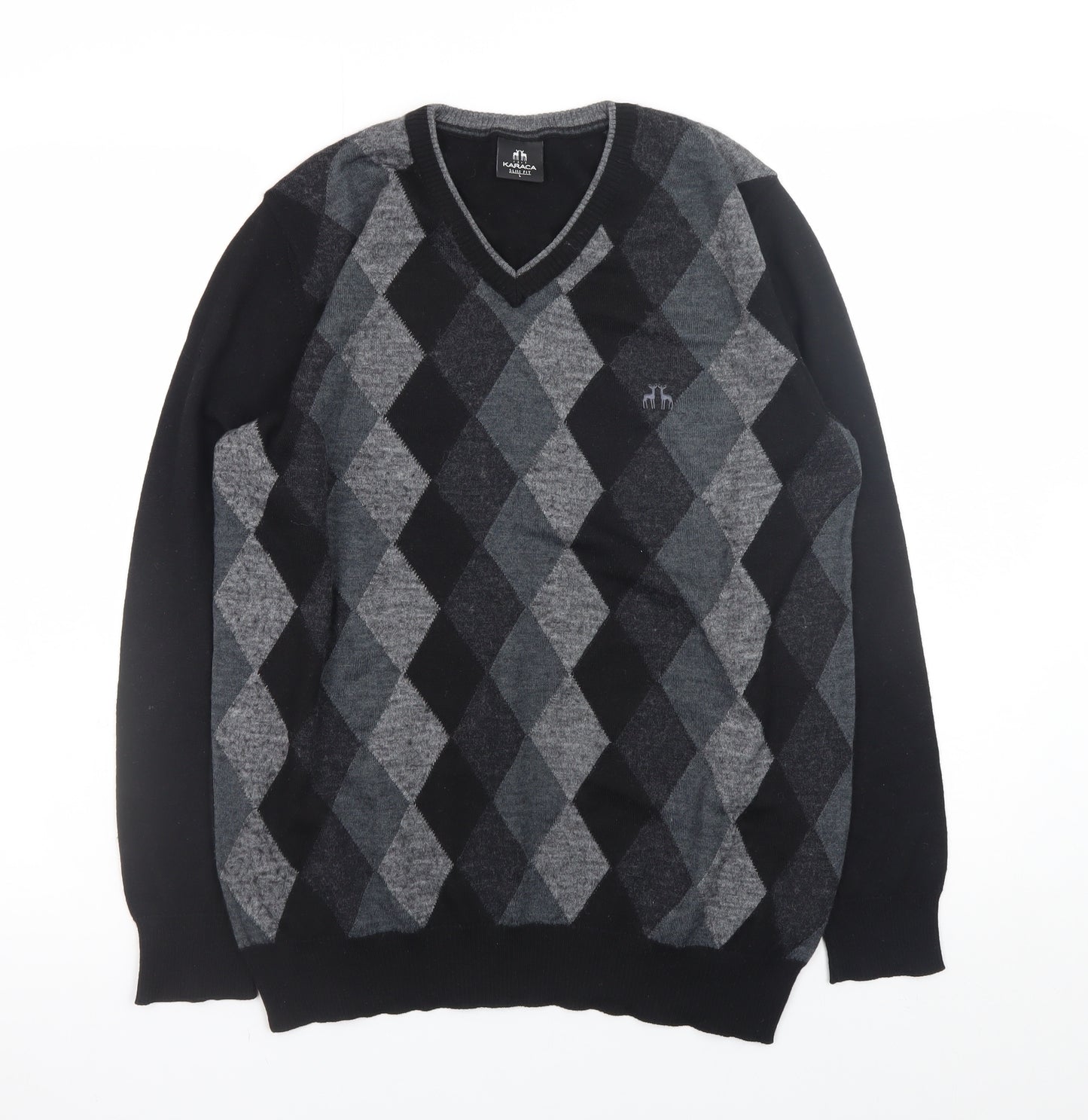 Karaca Mens Grey Argyle V-Neck Wool Blend Slim Fit Jumper L