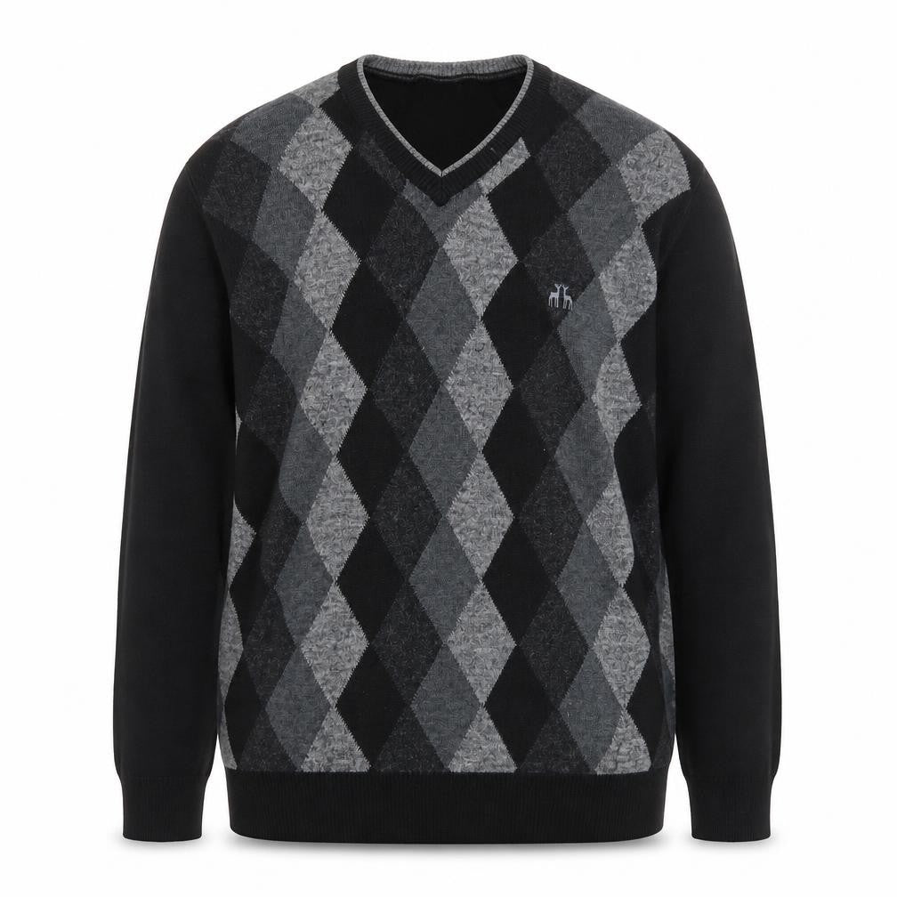 Front view of Karaca men’s grey argyle v-neck wool blend slim fit jumper l