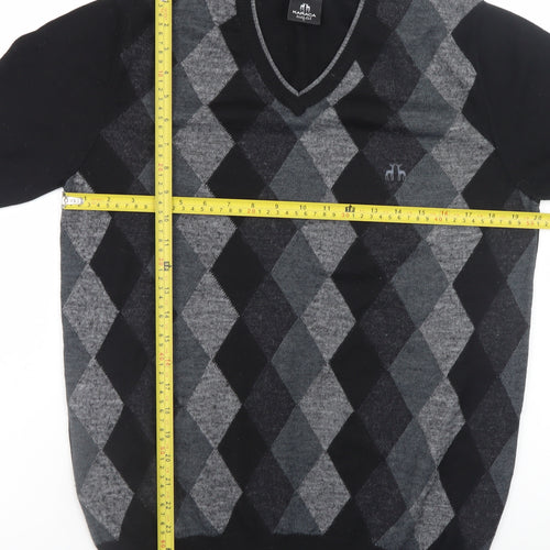 Karaca Mens Grey Argyle V-Neck Wool Blend Slim Fit Jumper L
