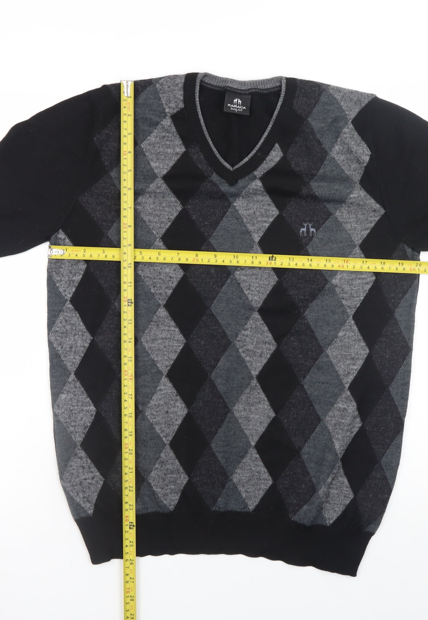Karaca Mens Grey Argyle V-Neck Wool Blend Slim Fit Jumper L