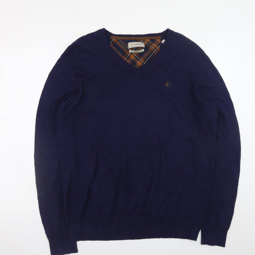El Ganso Men's Blue 2XL Cotton Cashmere V-Neck Jumper with Elbow Patches