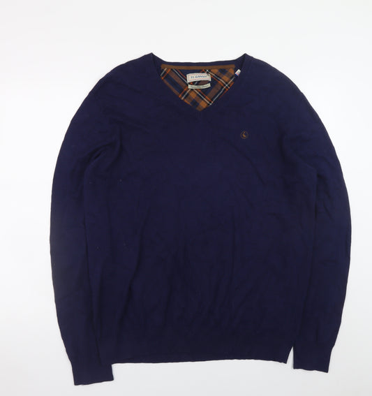 El Ganso Men's Blue 2XL Cotton Cashmere V-Neck Jumper with Elbow Patches