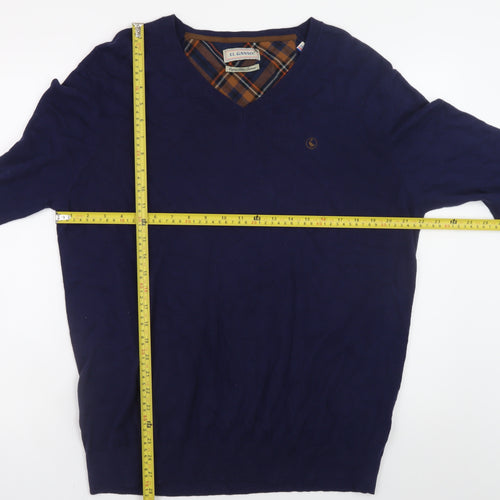El Ganso Men's Blue 2XL Cotton Cashmere V-Neck Jumper with Elbow Patches
