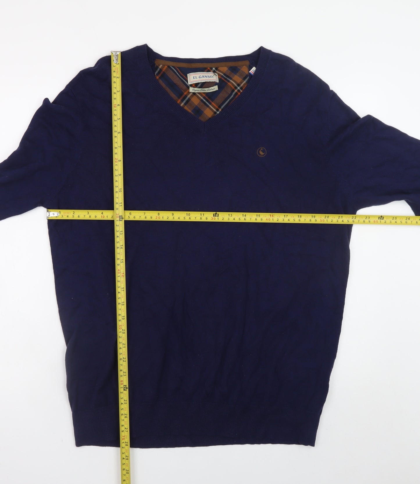 El Ganso Men's Blue 2XL Cotton Cashmere V-Neck Jumper with Elbow Patches