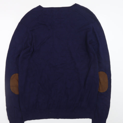 El Ganso Men's Blue 2XL Cotton Cashmere V-Neck Jumper with Elbow Patches