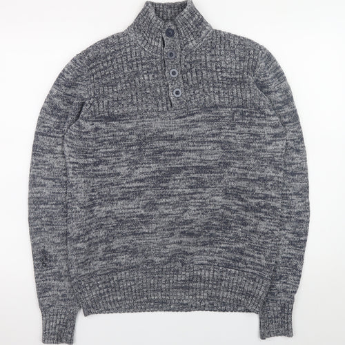 Identic Men Grey Chunky-Knit Henley Jumper M High Neck Casual