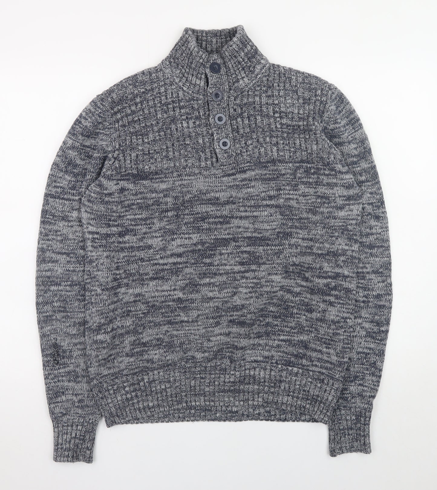 Identic Men Grey Chunky-Knit Henley Jumper M High Neck Casual