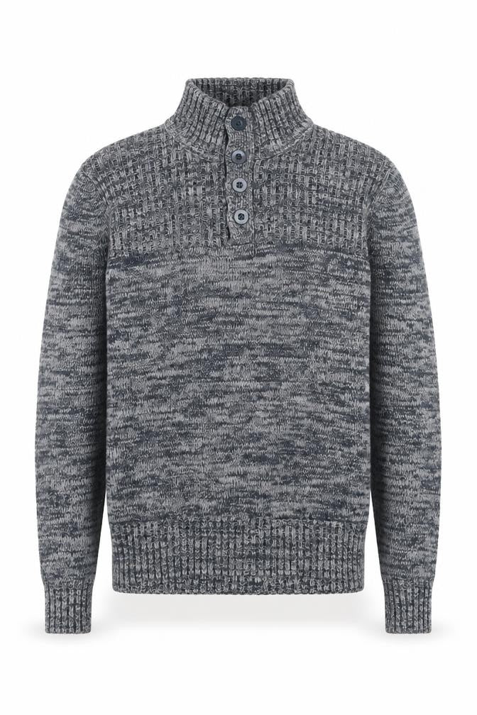 Front view of Identic Men Grey Chunky-Knit Henley Jumper M High Neck Casual