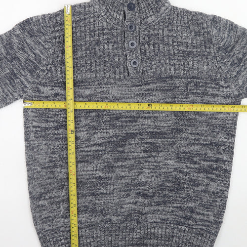 Identic Men Grey Chunky-Knit Henley Jumper M High Neck Casual