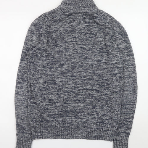 Identic Men Grey Chunky-Knit Henley Jumper M High Neck Casual