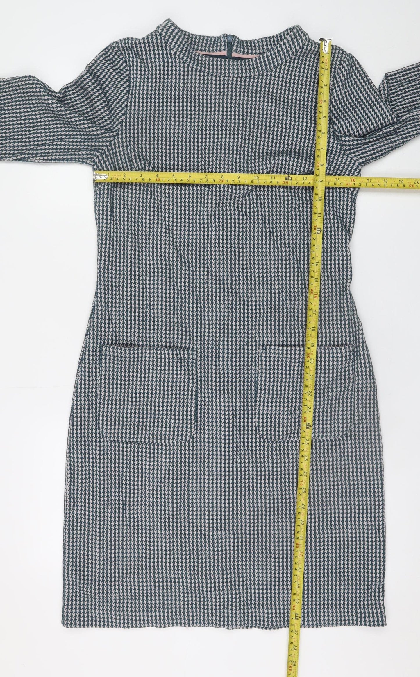Boden Women Grey Houndstooth Shift Dress Size 12R 3/4 Sleeve Knit
