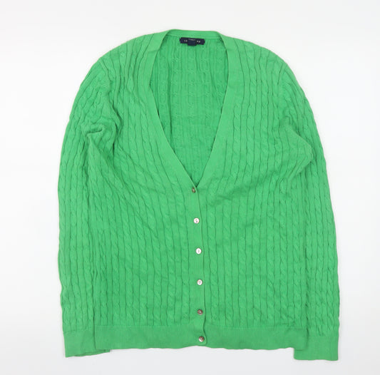 Lands' End Women's Green Cable-Knit Cardigan M V-Neck Classic Fit