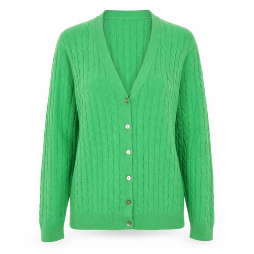 Lands' End Women's Green Cable-Knit Cardigan M V-Neck Classic Fit