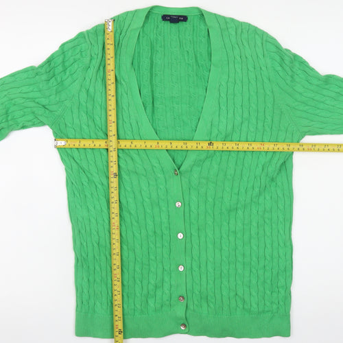 Lands' End Women's Green Cable-Knit Cardigan M V-Neck Classic Fit