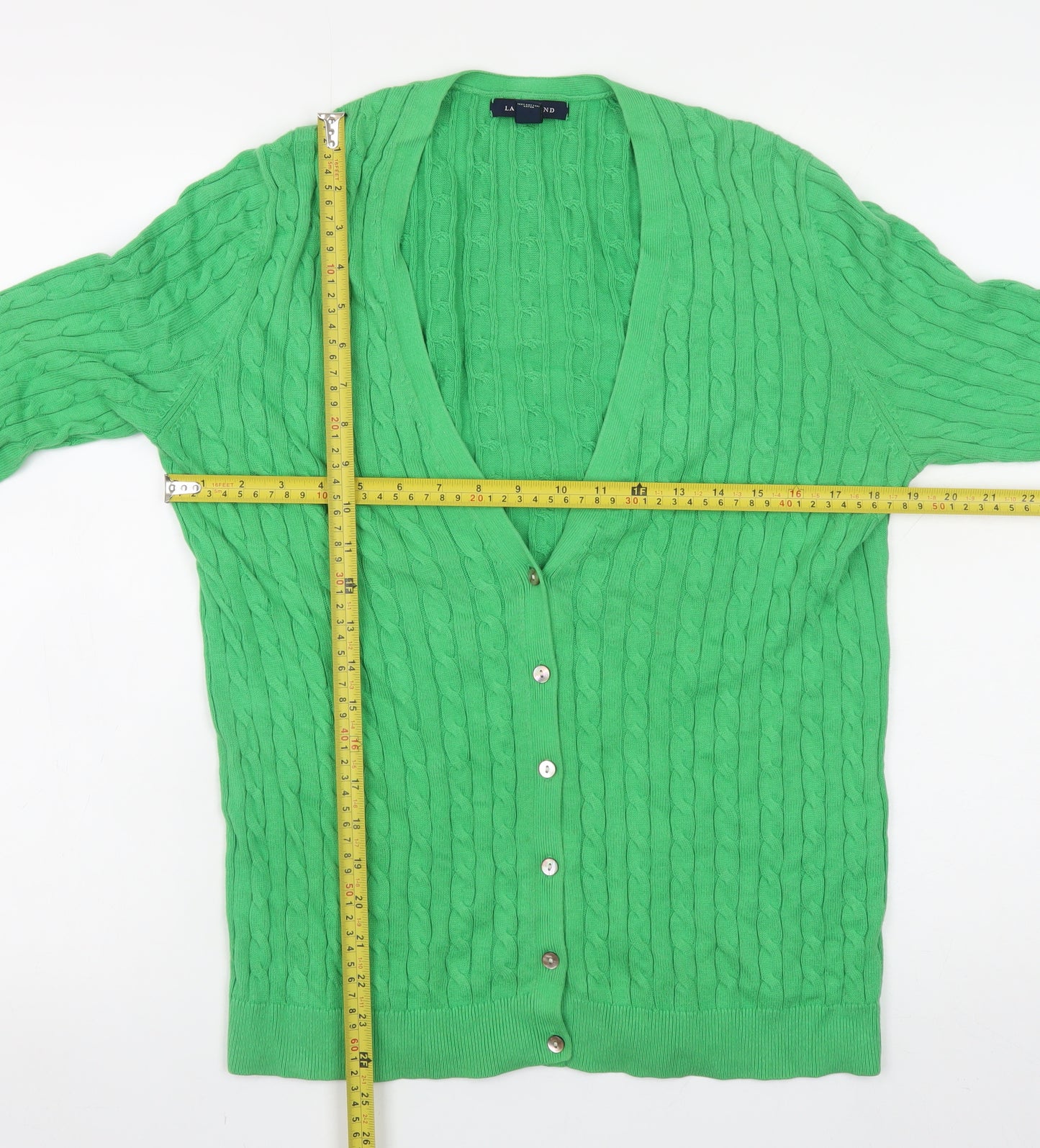 Lands' End Women's Green Cable-Knit Cardigan M V-Neck Classic Fit
