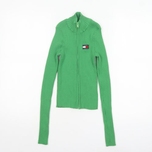 Tommy Jeans Women's Green XS Full Zip Ribbed Knit Jumper