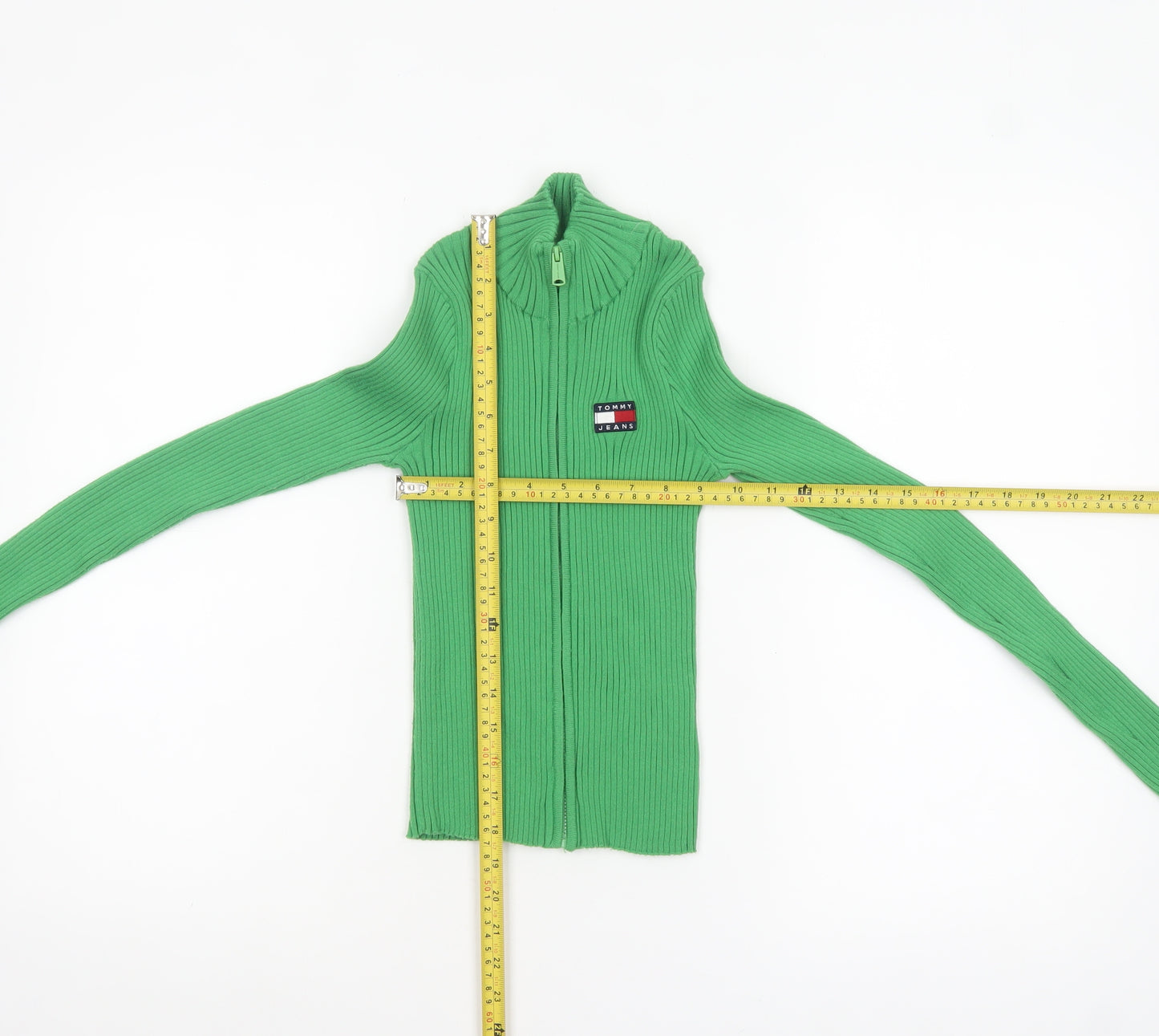 Tommy Jeans Women's Green XS Full Zip Ribbed Knit Jumper