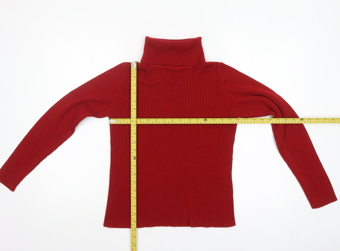 Fluid Collection Women's Red Roll Neck Ribbed Knit Jumper Size L