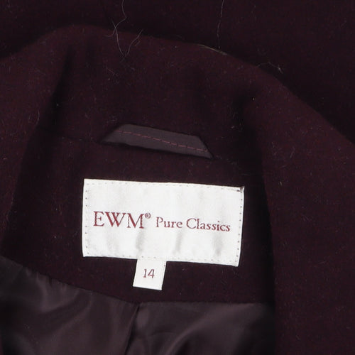 EWM Pure Classics Womens Burgundy Wool Blend Mid-Length Coat Size 14