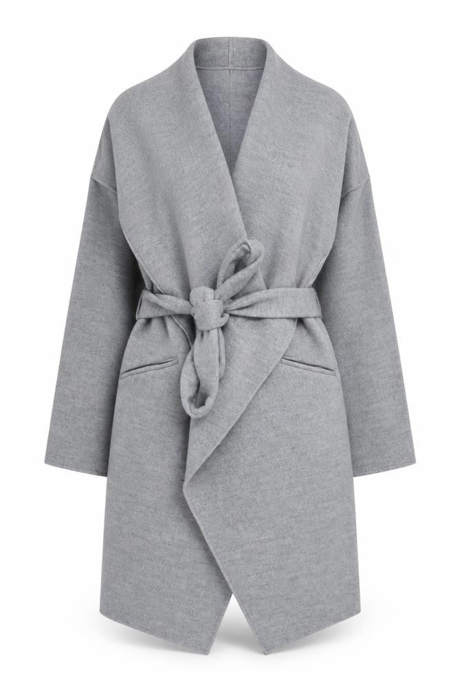 Front view of Primark Women's Grey Belted Mid-Length Overcoat, size 18