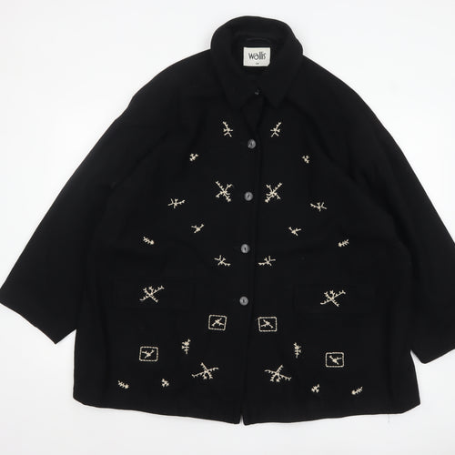 Wallis Women’s Black Wool Overcoat Size 14 Embroidered Classic Style