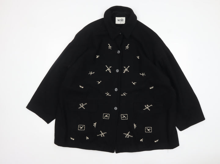 Wallis Women’s Black Wool Overcoat Size 14 Embroidered Classic Style
