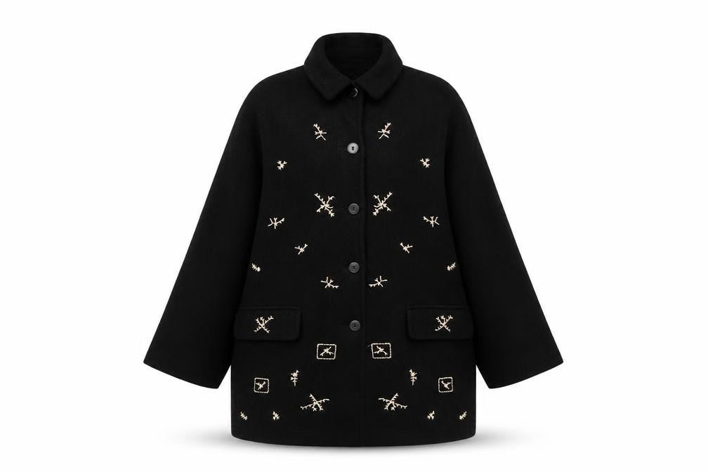 Front view of Wallis Women’s Black Wool Overcoat, size UK 14, Embroidered Classic Style