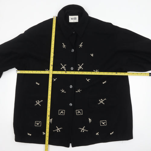 Wallis Women’s Black Wool Overcoat Size 14 Embroidered Classic Style