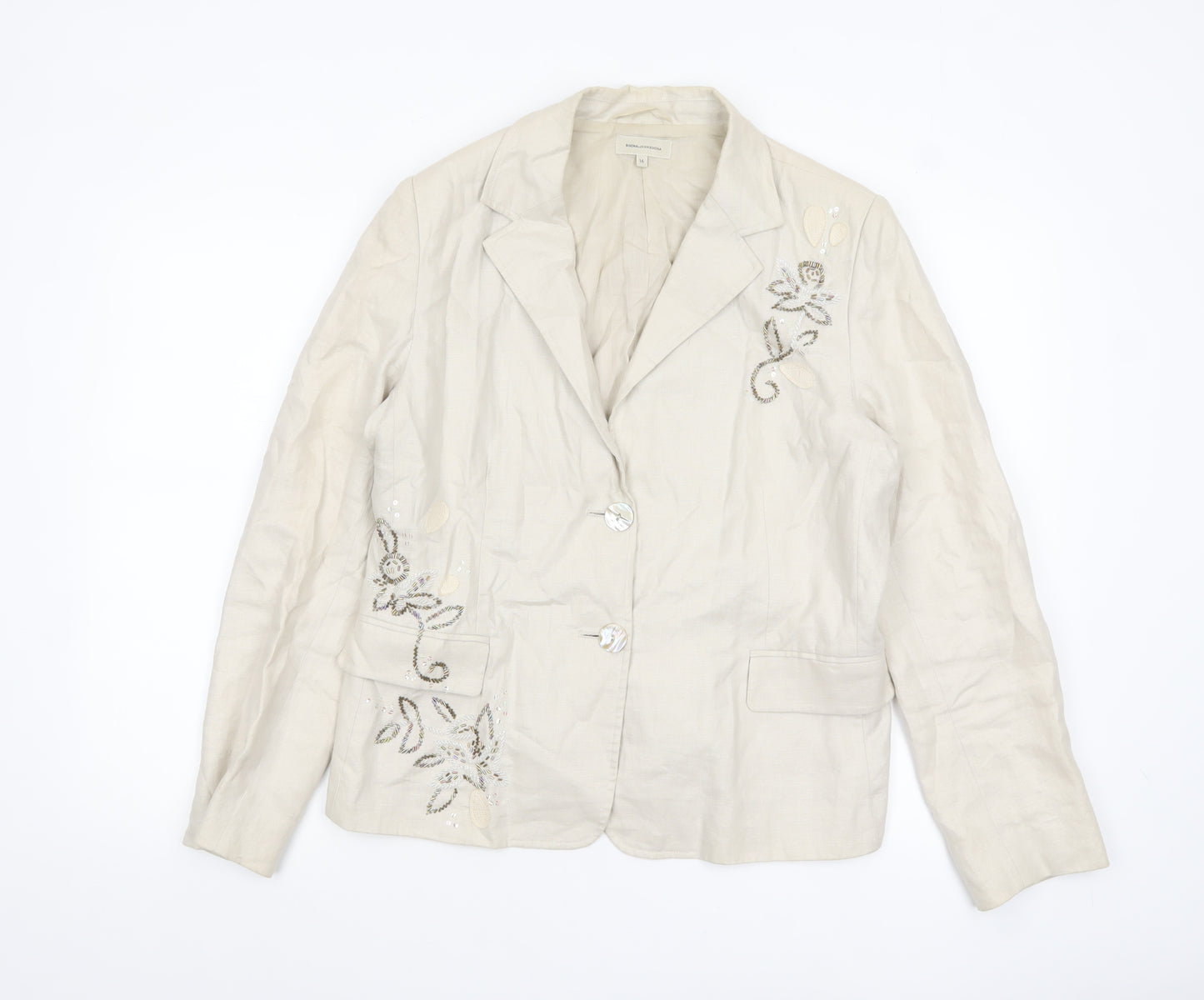Rocha.John Rocha Women Beige Embellished Linen Suit Jacket Size 16