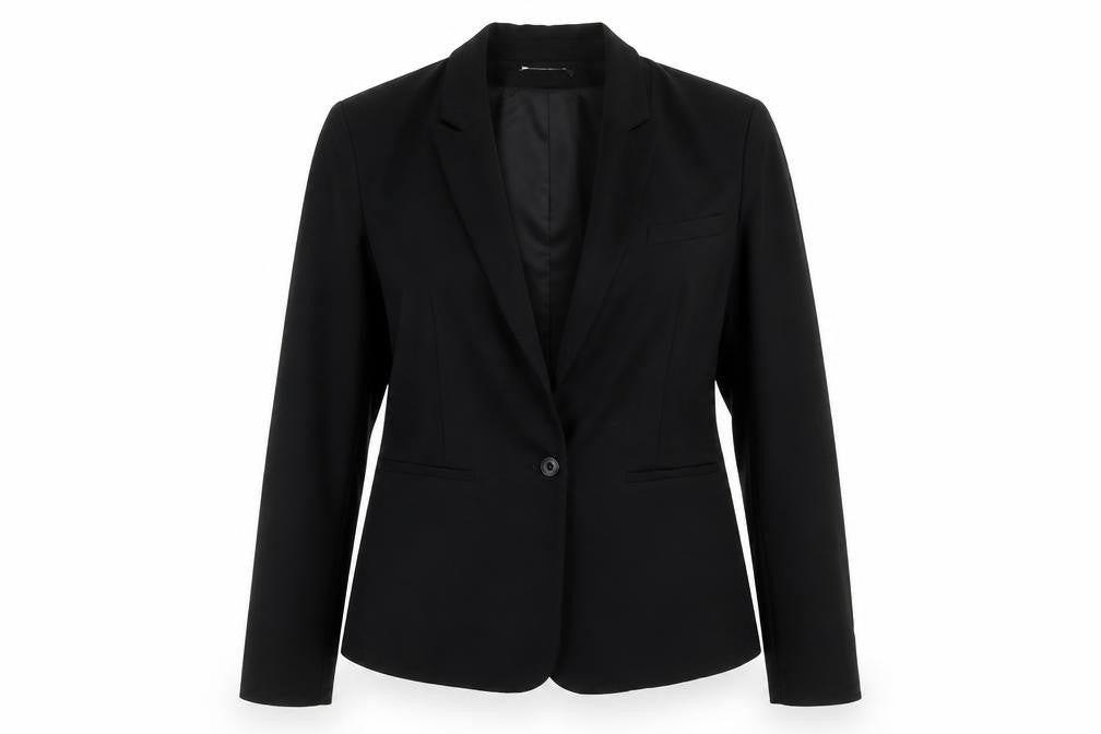 Front view of Y.A.S women’s black regular fit one-button blazer jacket, size L