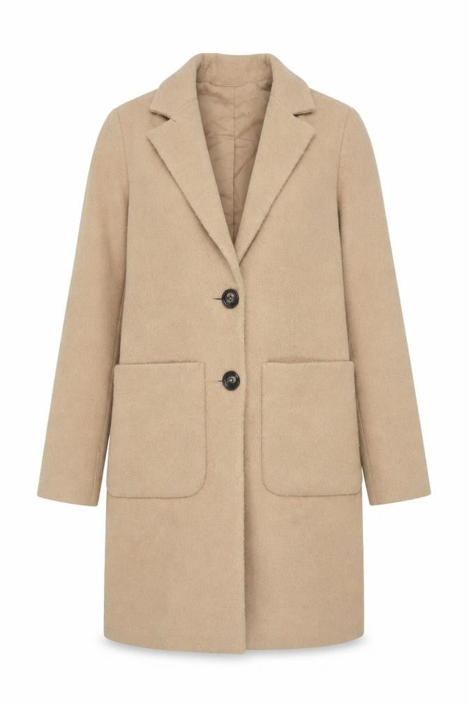 Front view of New Look Women's Beige Wool Blend Mid-Length Overcoat UK 6