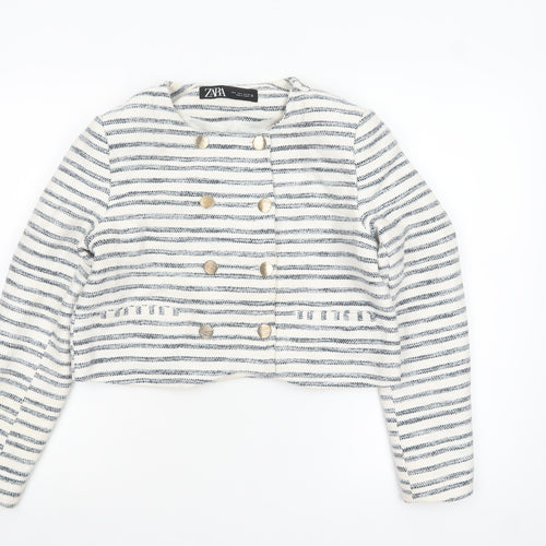 Zara Women's White Striped Cropped Blazer Jacket Size 8