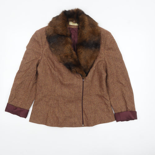 D’Errico Women’s Brown Wool Tweed Fur Trim Jacket Size 14