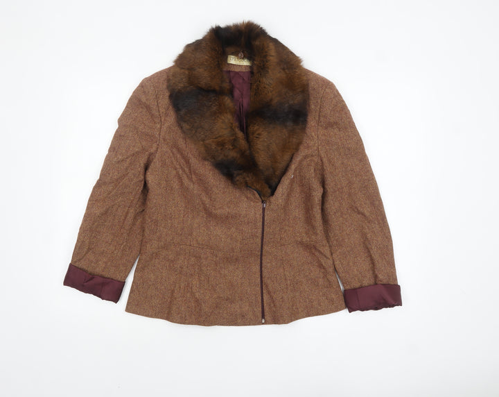 D’Errico Women’s Brown Wool Tweed Fur Trim Jacket Size 14