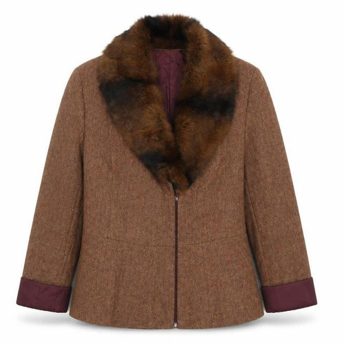 D’Errico Women’s Brown Wool Tweed Fur Trim Jacket Size 14