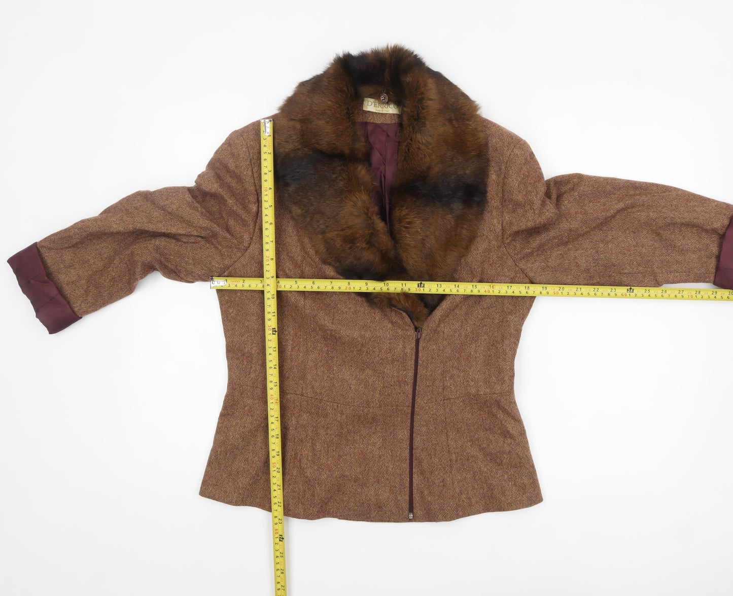 D’Errico Women’s Brown Wool Tweed Fur Trim Jacket Size 14