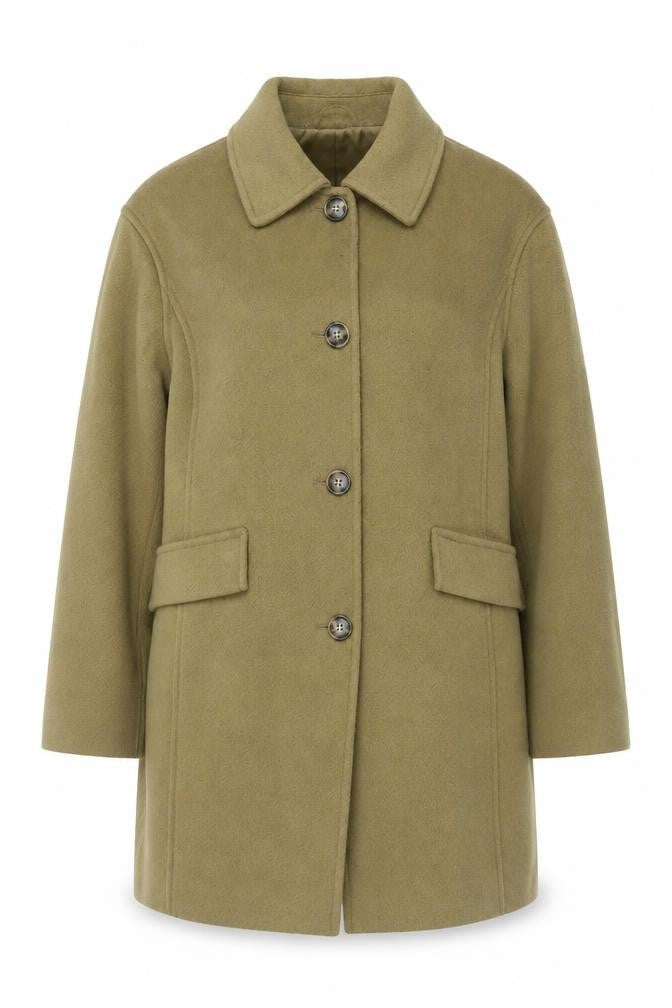 Front view of Marks & Spencer women’s beige regular fit overcoat, size UK 10