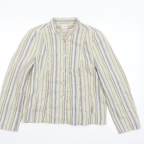 Viyella Women Beige Striped Button Jacket Size 10 Lightweight Cotton Blend